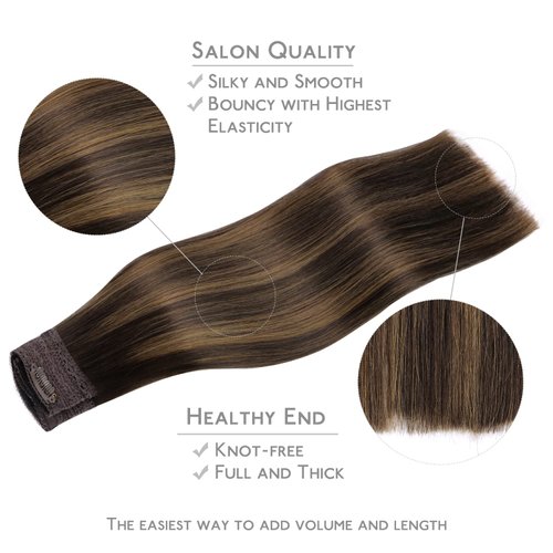 WENNALIFE Wire Hair Extensions (Increase 50% Lifespan) Real Human Hair 14 inch 75g Balayage Dark Brown to Chestnut Remy Invisible Transparent Fish Line