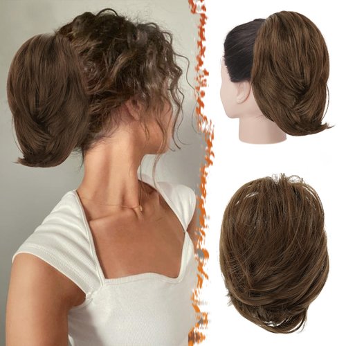 BARSDAR Straight Hair Bun Extension, 8 Inch Claw Clip Short Straight Ponytail Bun Extensions Synthetic Clip in Brown Hair Bun Pony Tails Hairpieces for Women Daily (Medium Brown)