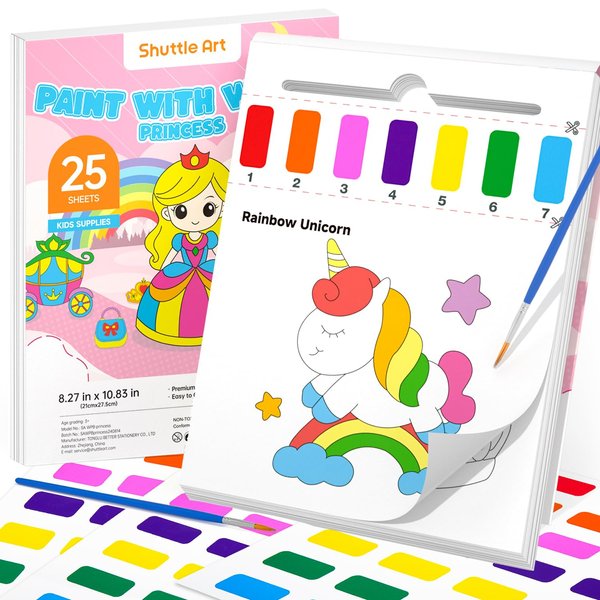 Shuttle Art Paint with Water Coloring Book for Kids, 25 Princess Themed Pages with 2 Brushes, Mess-Free Watercolor Paint Set, Travel-Friendly Art Craft Gift for Toddlers, Birthday Christmas Gift
