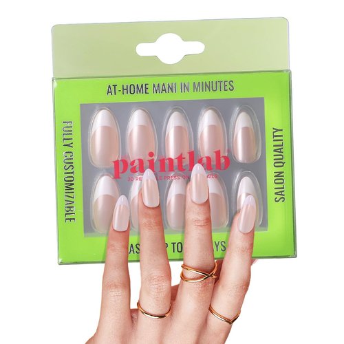 PaintLab Press On Nails - 24 Piece Fake Nails with Glue, Nail File, Prep Pad & Cuticle Stick | Non Toxic & Cruelty Free | Long Lasting & Complete Glue On Nails for Women & Girls (Chrome French)
