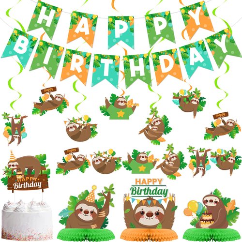 Sloth Birthday Party Decorations Set Sloth Theme Happy Birthday Banner Cake Toppers and 3 Pieces Sloth Honeycomb Table Centerpiece for Baby Shower, Birthday Party