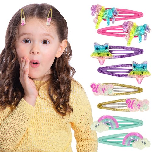 Girls Rainbow Star Snap Hair Clips Unicorn No Slip Metal Hair Clips Girls Sparkly Unicorn Hair Accessories Toddlers Kids Hair Clips Colorful Rainbow Barrette Hair Pins for Party Birthday Gift Supplies Favors 8Pcs