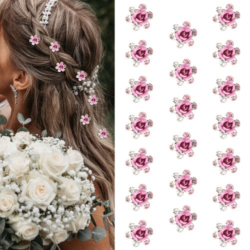 YISSION 20Pcs Mini Pink Flower Hair Clips Cute Rhinestone Hair Pins Small Decorative Hair Clips Wedding Hair Barrettes Red Flower Hair Clips Bridal Hair Accessories for Girls Women