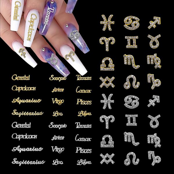 XEAOHESY 48 Pieces Gold and Silver Alloy Zodiac Nail Charms Zodiac Signs Nail Studs Constellation Words Charms for Nails Twelve Constellation Nail Charms Set for Women Girls Nail Art Decoration