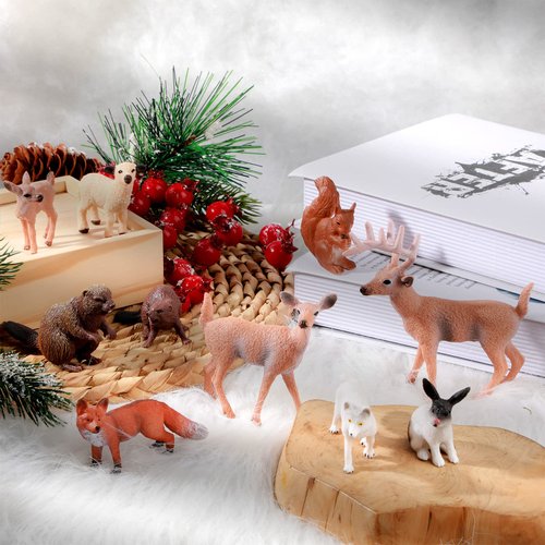 10 Pieces Forest Animals Figures Miniature Woodland Animal Figurines Small Squirrel Beaver Rabbit Deer Family Educational Playset Toys Cake Toppers for Graduation Gift Birthday Party Supplies