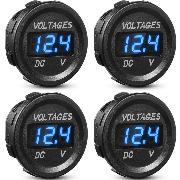 Frienda 4 Pieces DC 12V Car Voltage Gauge LED Display Waterproof Voltmeter Digital Round Panel Voltmeter Compatible with Vehicle Motorcycle Truck Camper Caravan ATV UTV Car Boat (Blue)
