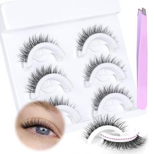 JIMIRE Self Adhesive Eyelashes Clear Pre-Glued Mink Lashes Fluffy Russian D Curl Strip Lashes Natural Look Like Eyelash Extensions Wispy Press-on Self- Adhesive Lashes 3 Pairs Pack