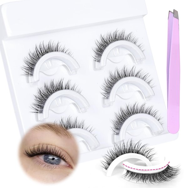 JIMIRE Self Adhesive Eyelashes Clear Pre-Glued Mink Lashes Fluffy Russian D Curl Strip Lashes Natural Look Like Eyelash Extensions Wispy Press-on Self- Adhesive Lashes 3 Pairs Pack