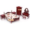 iLAND Wooden Dollhouse Furniture 1/12 Scale, Dollhouse Bedroom Furniture in Mahogany Color incl Dollhouse Bed & Dressing Table & Wardrobe (Classical Miniature Furniture 6pcs)