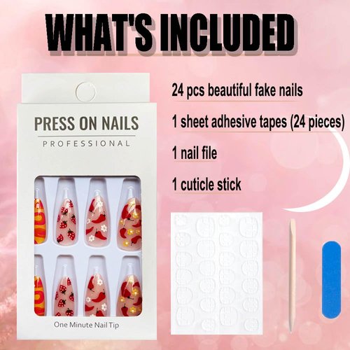 24Pcs Almond Press on Nails Medium Length Summer Style Fake Nails Glossy Glue on Nails with Design Fruit Flower Cute Acrylic False Nails French Tips Stick on Nails Artificial Nails for Women DIY Decor