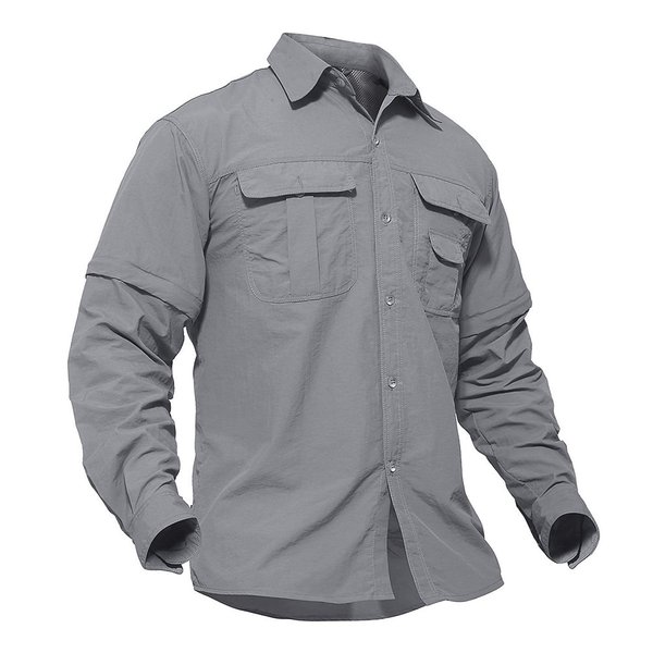 TACVASEN Men's Breathable Quick Dry UV Protection Solid Convertible Long Sleeve Shirt Light Grey, L