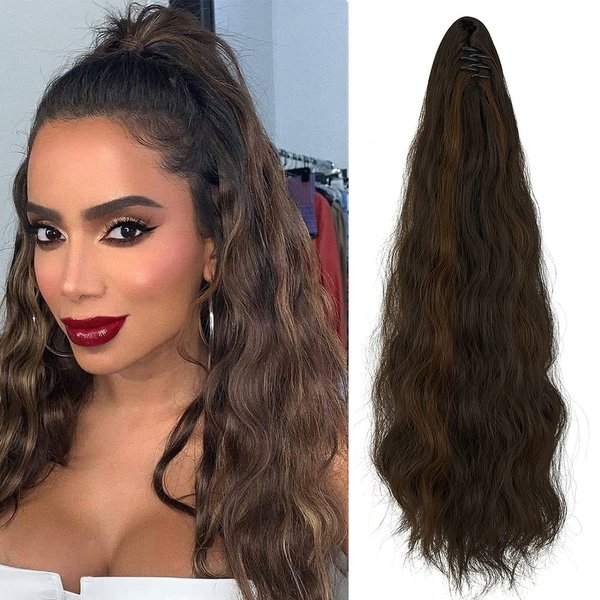 OMGREAT 18 Inch Curly Ponytail Extensions Claw Clip in Ponytail Fluffy Synthetic Natural Soft Wave Pony Tails Extensions Wrap Around Ponytail Hair Pieces for Women (Dark Brown Mix Light Auburn)