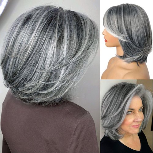 LEOSA Short Grey Wig With Curtain Bangs BoB Layered Silver Grey Wigs for Women BOB Layered Wigs Pixie Cut Layered Wig Hair Synthetic Hair Wigs With Daily Use (Grey#)