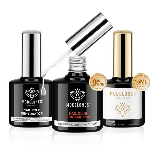 modelones Nail Glue Gel with Top Coat and Nail Prep Dehydrator 3 PCS 15ml 9 in One Nail Glue Gel Nail Kit for Easy Nail Extension, No Wipe Top Coat