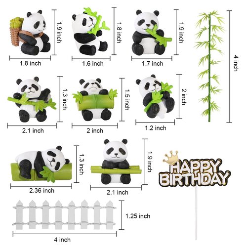 Ymeibe 8 PCS Solid Panda Figurines Set with Miniature Bamboo Trees Wood Fence Cake Topper DIY Kits Realistic Cute Panda Ornament Birthday Party Decorations Supplies