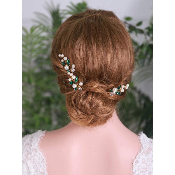 YERTTER 3 Pcs Hair Pins Green Crystal Pearl Bridal Hair Accessories for Bride and Bridesmaids Wedding Hair Piece