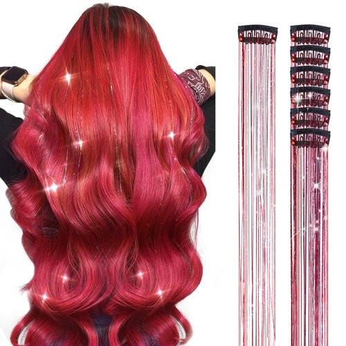 DOORES Hair Tinsel Pack of 6 Pcs Clip in Hair Tinsel Kit 24 Inch, Hair Glitter Tinsel Hair Extensions Dazzle Fairy Hair Kit Red Hair Tinsel Christmas Hair Accessories Halloween Hair Accessories (Red)
