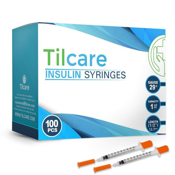 Tilcare Ultra-Fine Insulin Syringes with Needle 29G 1 cc 1/2 inch 12.7mm 100-Pack - Latex-Free Diabetic Syringes - Sterile Medical Syringe for Diabetes Individually Blister Packed for Your Safety
