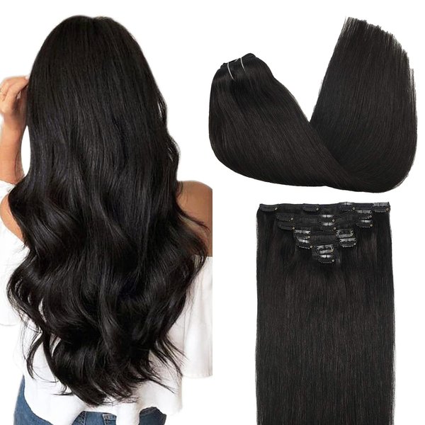 GOO GOO Clip in Hair Extensions Real Human Hair, Remy Human Hair Extensions Clip ins for Women, Natural Human Hair, 14inch 120g 7Pcs, 1B Natural black
