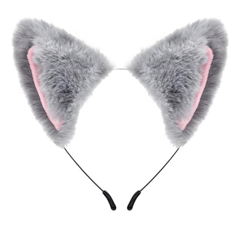 Cat Fox Ears Headband for Women Girls Halloween Cosplay Cat Costume Faux Fur Hair Accessories for Adult Kids (Gray & Pink)