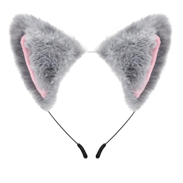 Cat Fox Ears Headband for Women Girls Halloween Cosplay Cat Costume Faux Fur Hair Accessories for Adult Kids (Gray & Pink)