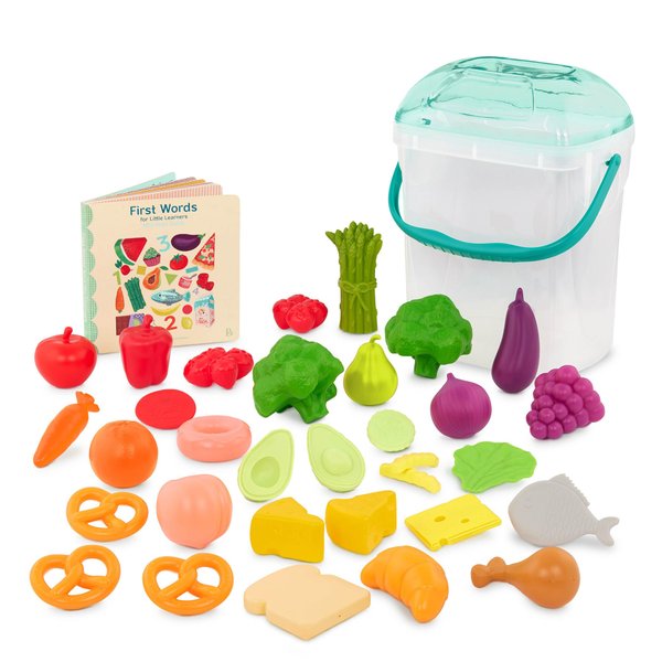 B. toys- Foodie Fun- Pretend Play Food & Board Book Set – 32 Pieces of Play Food – Educational Book for Toddlers – Storage Bucket with Lid – 2 Years +