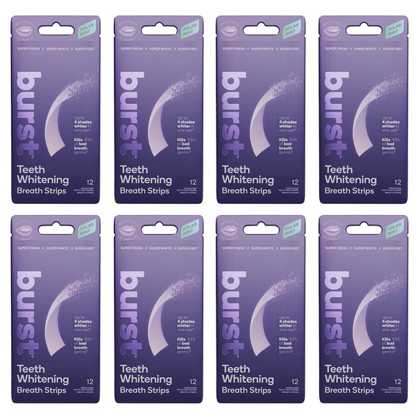 Burst Teeth Whitening Breath Strips (Polar Mint/8 Pack) | Kills 93% of Bad Mouth Germs | Up to 4 Shades Whiter in One Use | Easy to Apply/Quick Dissolving