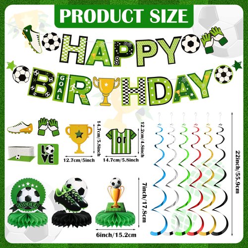 16 Pcs Soccer Birthday Party Decorations Soccer Party Supplies Include Soccer Happy Birthday Banner, Paper Cutouts, Honeycomb Centerpiece, Soccer Hanging Swirl for Boys Kids Sports Football Parties