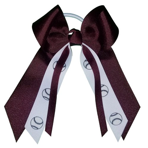 Softball Small Hair Bow, Made in the USA, white pony band, many colors, (Maroon)
