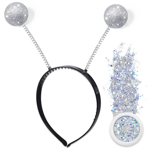 Glitter Alien Antenna Headband with Holographic Chunky Glitter & Ball Boppers, Silver Space Party Favors for Women