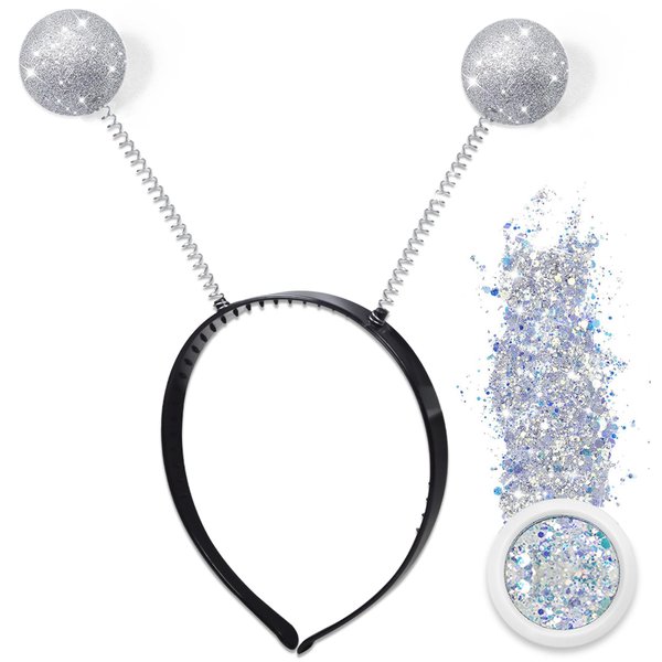 Glitter Alien Antenna Headband with Holographic Chunky Glitter & Ball Boppers, Silver Space Party Favors for Women