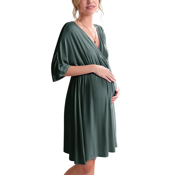 Ekouaer 3 in 1 Labor/Delivery/Hospital Gown Maternity Dress Nursing Nightgown Sleepwear for Breastfeeding V Neck Short Sleeve Nightshirt Sleeping Dress, Green, Medium