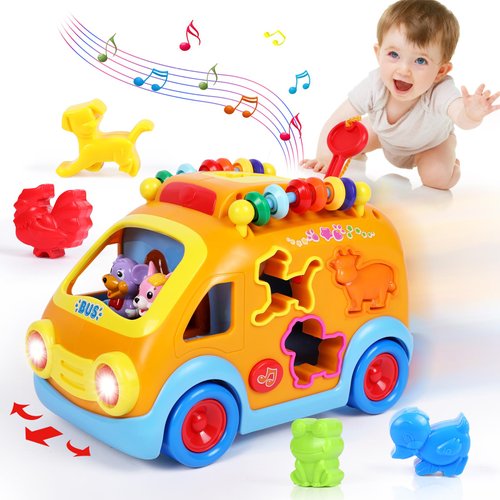 Toy Cars for 1 Year Old Boy Gifts Baby Toys 12-18 Months, Musical Learning Toys for Toddlers 1-3, Educational Baby Bus with Animal Blocks, Christmas Birthday Gift for 1 2 3 4 Year Old Boys Girls Kids