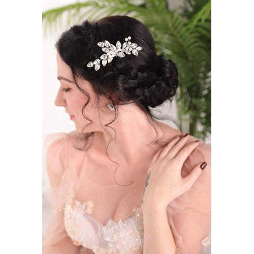 Fxmimior Handmade Hair Comb Silver Rhinestone Floral Clip Pearl Hair Accessories for Brides Women Gilr(Silver)