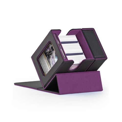 ZLCA MTG Deck Box, Commander Deck Box with Display Window, Card Deck Box Holds 100 Double-Sleeved Cards with Dice Tray & 35pt Magnetic Card Holder（Black& purple）