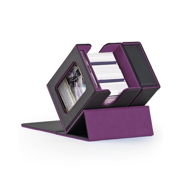 ZLCA MTG Deck Box, Commander Deck Box with Display Window, Card Deck Box Holds 100 Double-Sleeved Cards with Dice Tray & 35pt Magnetic Card Holder（Black& purple）