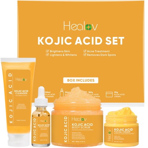 Kojic Acid Skincare Set – Kojic Soap Cleanser, Exfoliating Body Scrub, Face Cream &amp; Brightening F...