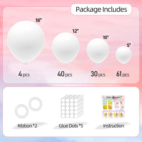135pcs White Balloons Different Sizes 18" 12" 10" 5" White Latex Balloon Garland Arch Kit for Boys Girls Birthday Baby Shower Wedding Anniversary Graduation Party Decorations (03-White)