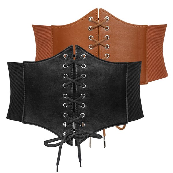 JASGOOD 2 Pack Women’s Elastic Costume Waist Belt Lace-up Tied Waspie Corset Belts for Women Halloween