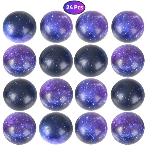Galaxy Stress Balls for Kids - Pack of 24 Bulk - Squeeze Anxiety Fidget Sensory Balls for Children with Outer Space Theme, Toys for Party Favors and Birthday Party Supplies