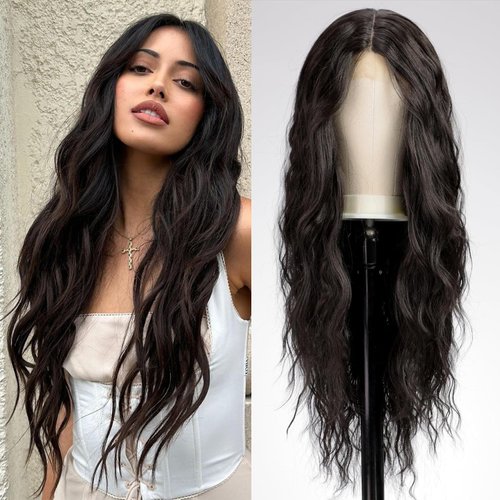 Alanhair Long Black Lace Front Wigs for Women,Natural Curly Synthetic Hair Middle Part Heat Resistant Wigs