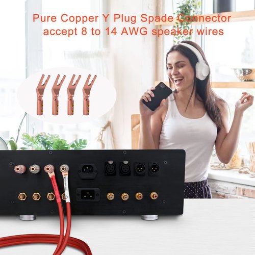 Monosaudio Speaker Spade Connector, 8 Pcs Pure Copper 45 Degree Screw Locking Y Spade Speaker Wire End Connector, HiFi Speaker Fork Spade Plug with Heat Shrink Tubes For 6AWG to 15AWG DIY Speaker Wire