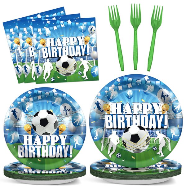 Justforjoyful 96Pcs Soccer Birthday Party Plates and Napkins Blue Soccer Birthday Party Supplies Sport Party Tableware Dinnerware Set Soccer Paper Dinner Dessert Plates Party Decoration Serve 24