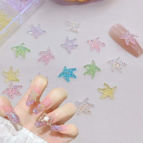 50pcs Starfish Nail Charms Fresh Summer Colorful Starfish Nail Art Charms Cute Mini Starfish Resin Nail Rhinestones Summer Beach Nails Supplies for Women Girls Pentagonal Shape Nail Accessories