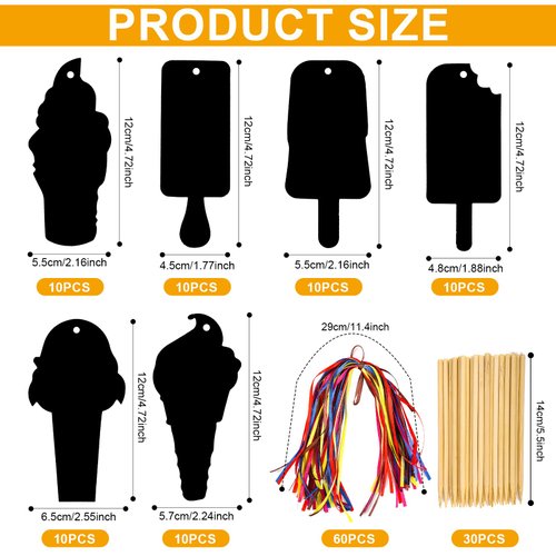 60pcs Ice Cream Scratch Cards, Rainbow Ice Cream Shaped Scratch Card Crafts Art for Decoration Supplies Classroom School Activities Presents Birthday Celebrations