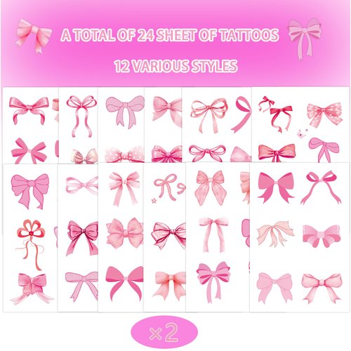144PCS Pink Coquette Bows Temporary Tattoos Stickers, Coquette Birthday Decorations Coquette Tattoos Stickers Pink Bow Party Favors for Coquette Bachelorette Wedding Party Decor