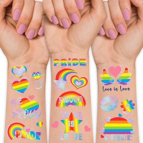 Pride Temporary Tattoo For LGBT Women Men, 85+ Glitter Style Rainbow Heart Star Fake Tattoos for Gay Bisexuals, 4 Sheets Waterproof and Long Lasting Temporary Tattoos for Lovers