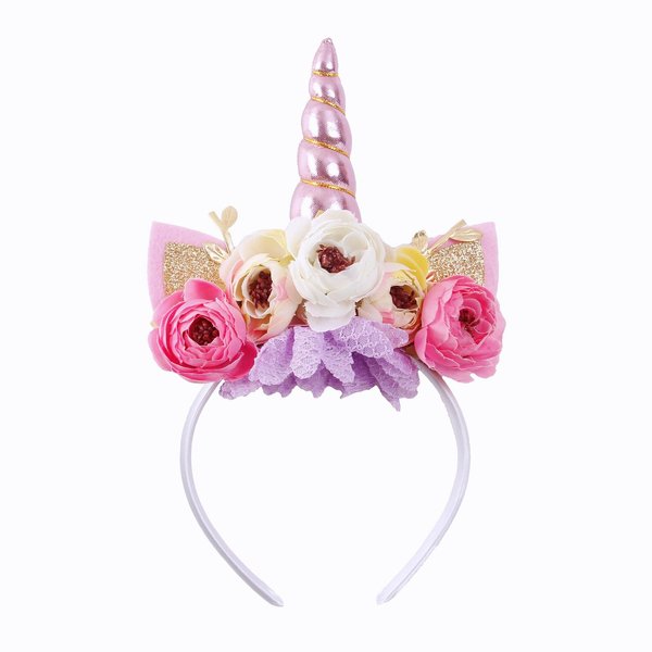 Nishine Girls Glitter Unicorn Horn Headband Camellia Pony Head Band Flower Hair Band Tiara for Party Birthday Gift (Pink)
