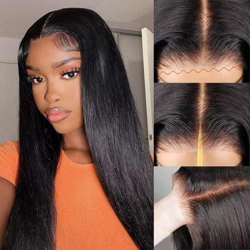 JUBOTIN 26 Inch Straight Glueless Wigs 100% Human Hair Bleached Knots Upgraded Lace Front Wigs Pre Cut Straight 6x4 Glueless Lace Closure Wigs for Women 180% Density Invisible Melt Skin