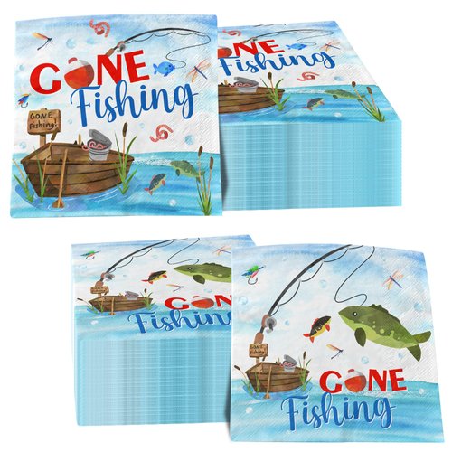 Gone Fishing Napkin 40Pcs-Fishing Party Supplies Decoration Little Fisherman Themed Disposable Folded Birthday Summer Beach Party Decorations